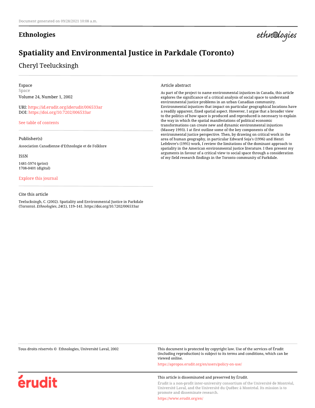 Spatiality and Environmental Justice in Parkdale (Toronto) Cheryl Teelucksingh