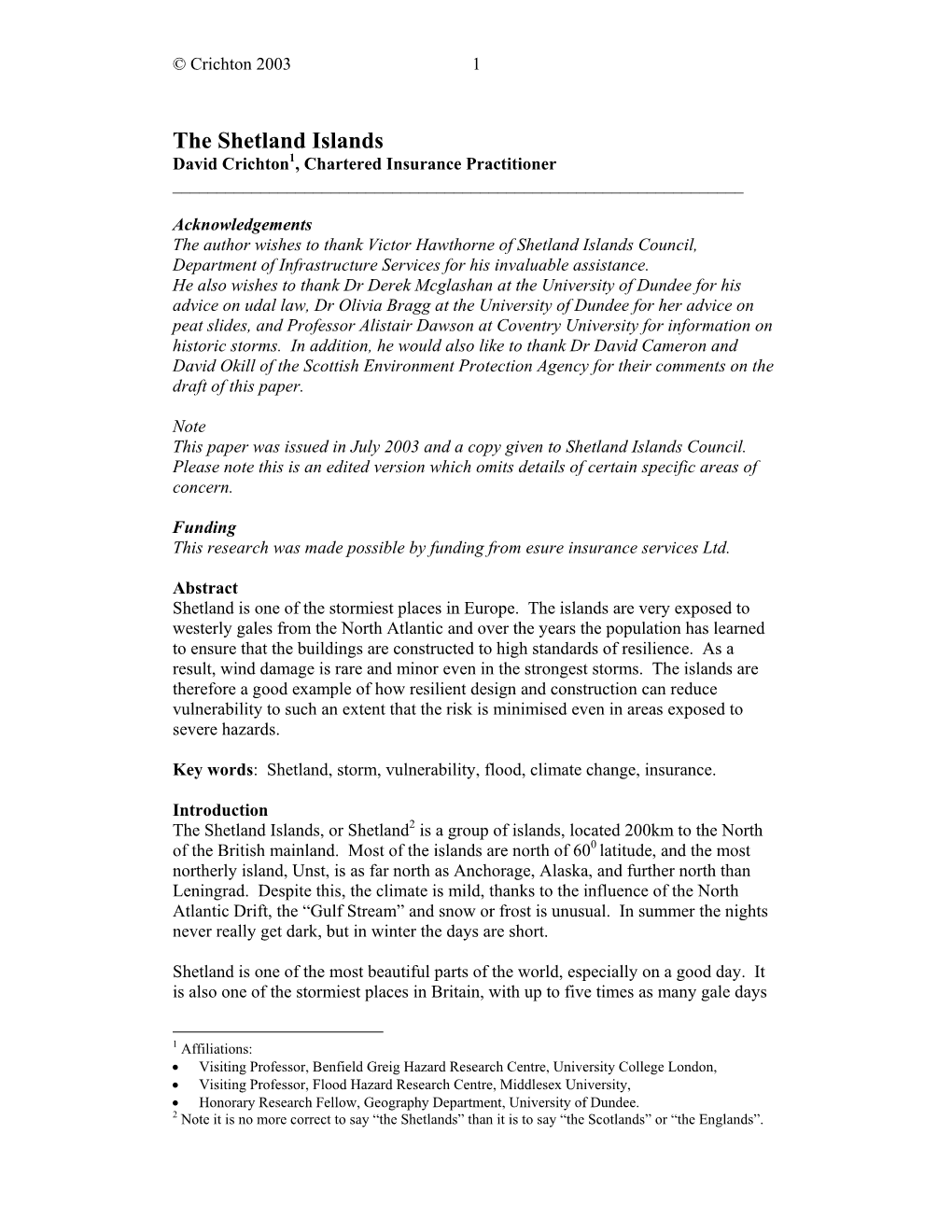 The Shetland Islands David Crichton1, Chartered Insurance Practitioner ______