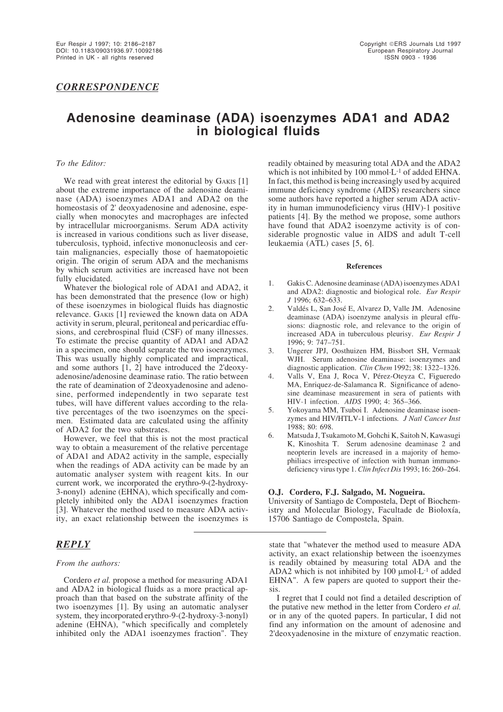 Adenosine Deaminase (ADA) Isoenzymes ADA1 and ADA2 in Biological Fluids