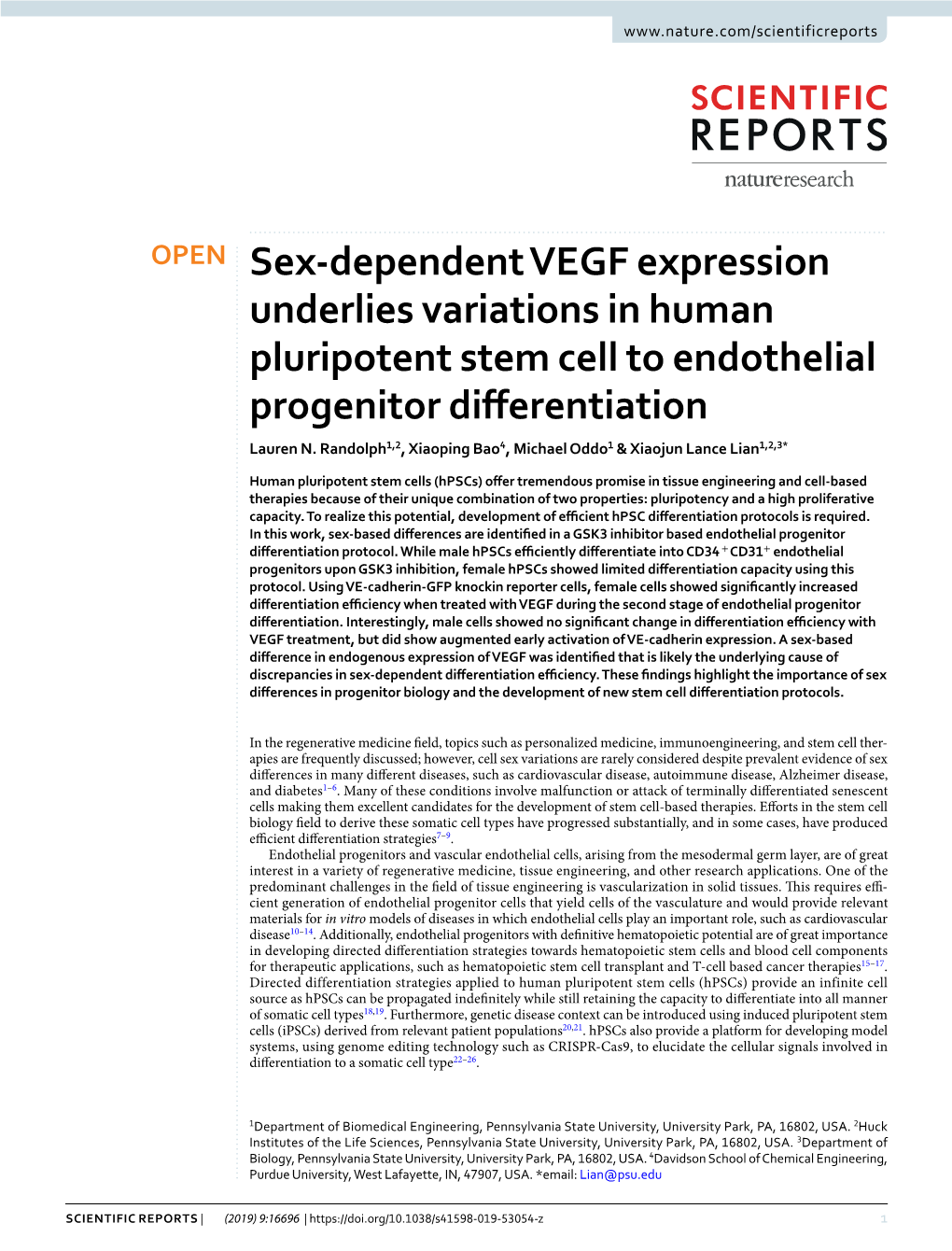 Sex-Dependent VEGF Expression Underlies Variations in Human Pluripotent Stem Cell to Endothelial Progenitor Differentiation