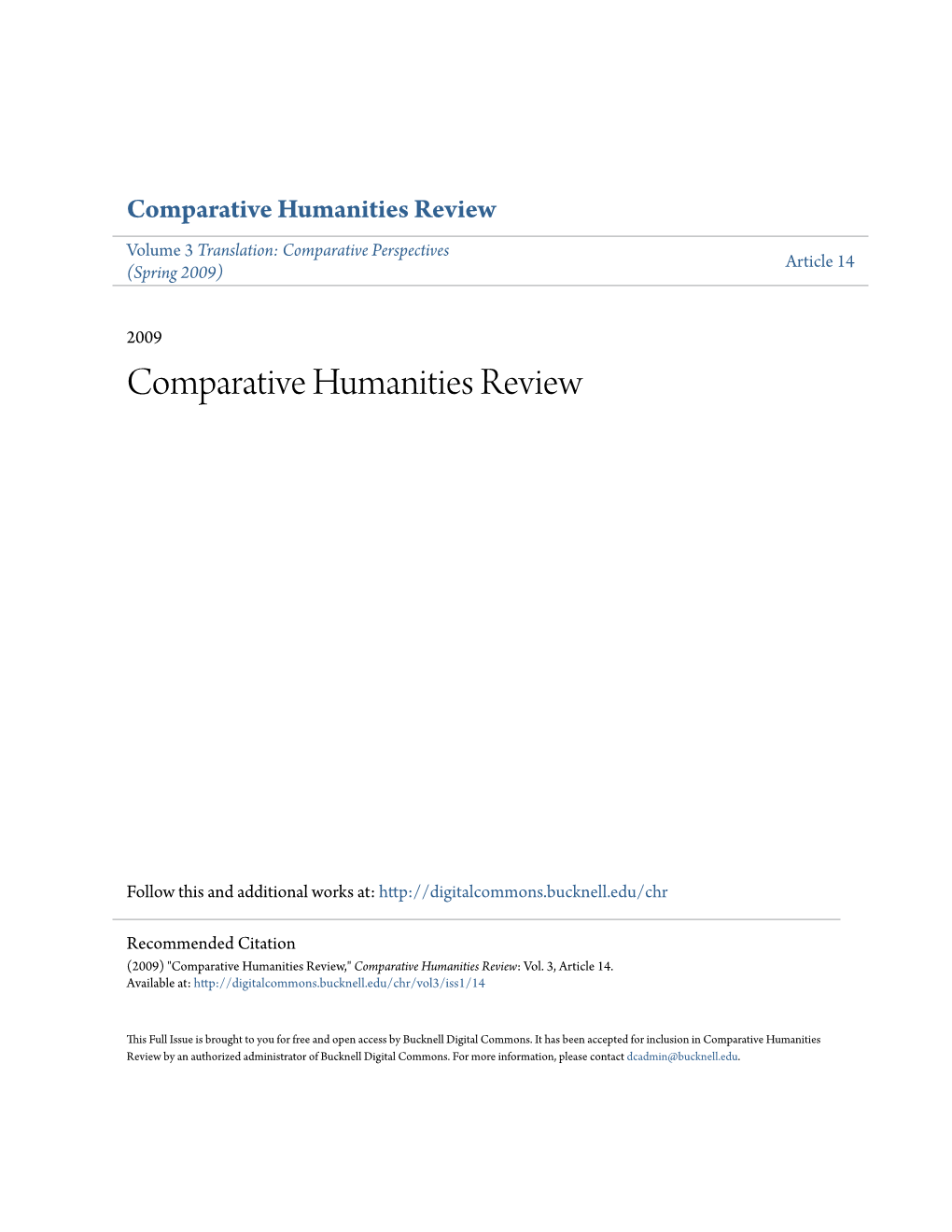 Comparative Humanities Review Volume 3 Translation: Comparative Perspectives Article 14 (Spring 2009)
