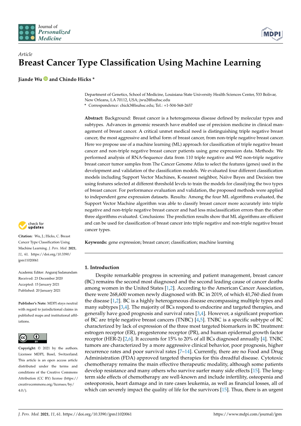 Breast Cancer Type Classification Using Machine Learning