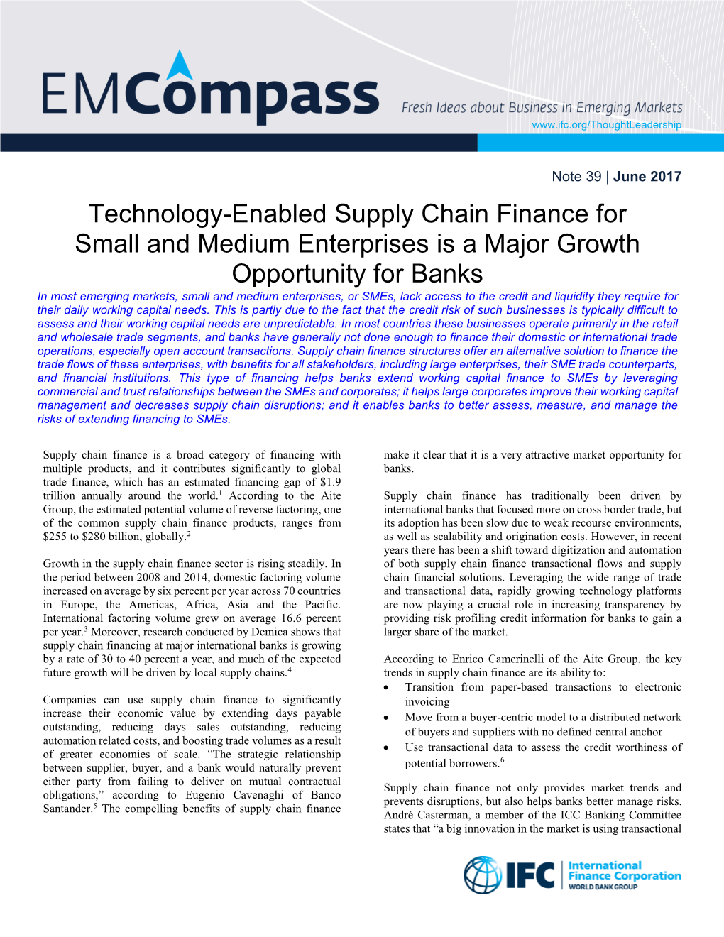 Technology-Enabled Supply Chain Finance for Small and Medium Enterprises Is a Major Growth Opportunity for Banks