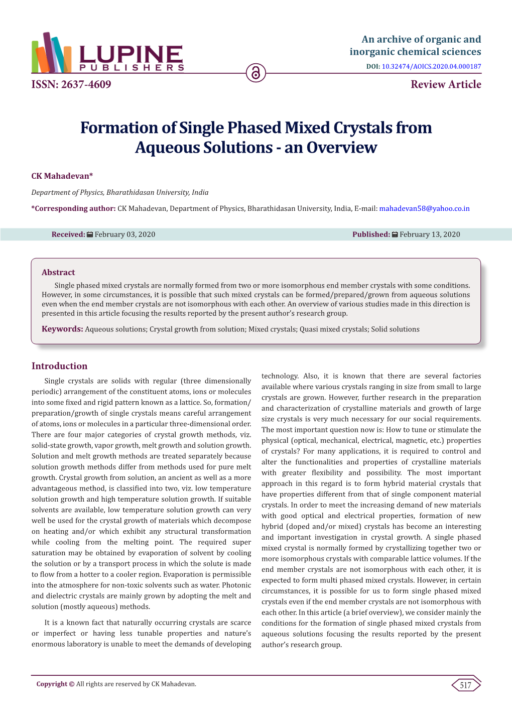 Formation of Single Phased Mixed Crystals from Aqueous Solutions - an Overview