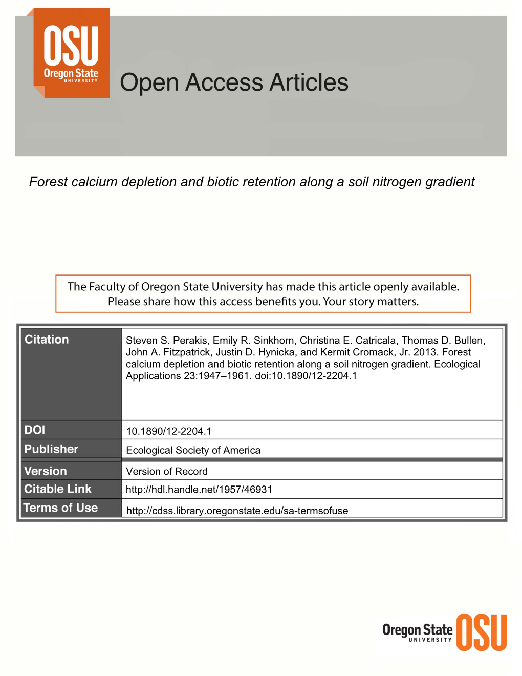 Forest Calcium Depletion and Biotic Retention Along a Soil Nitrogen Gradient