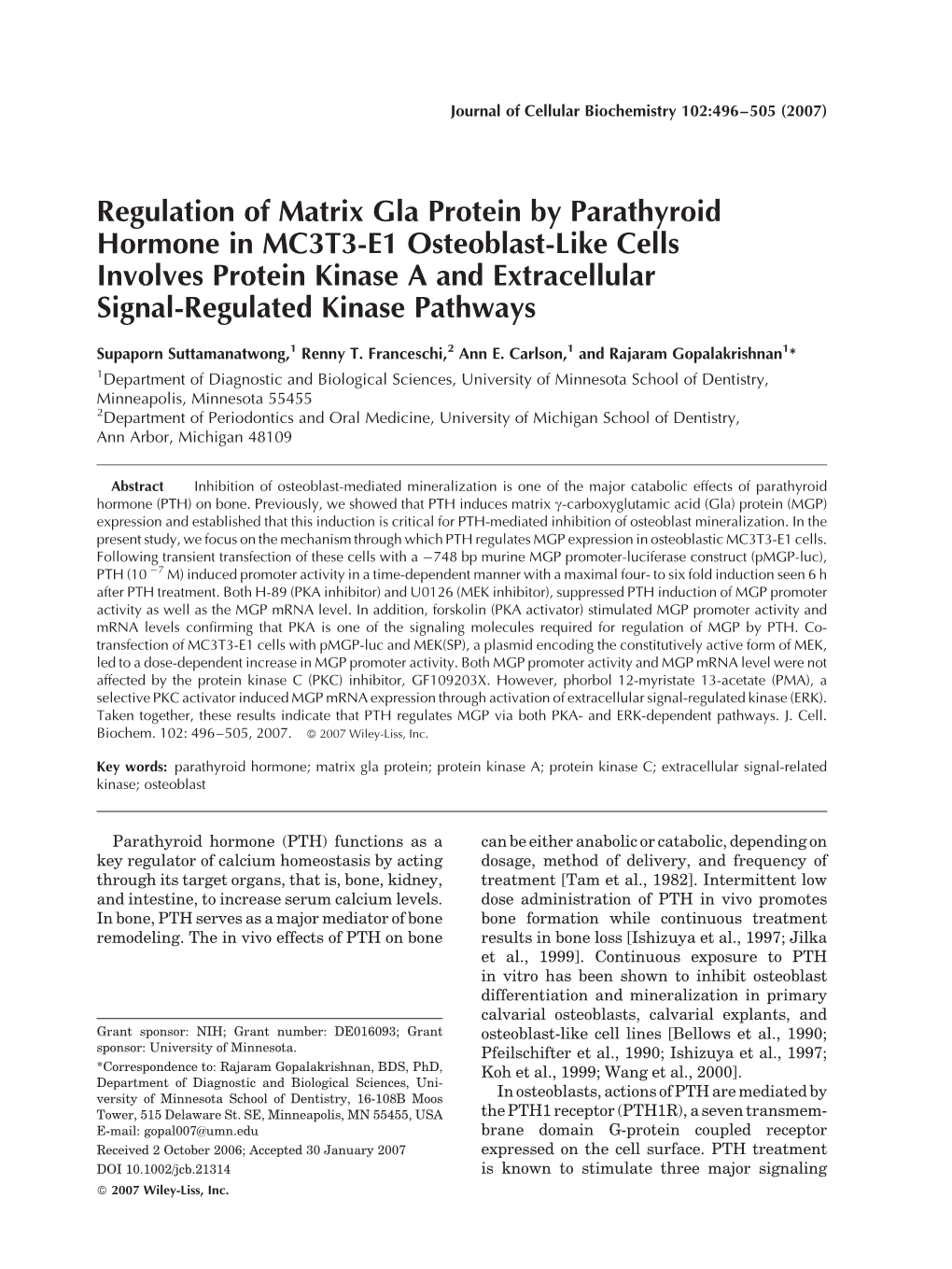 Regulation of Matrix Gla Protein by Parathyroid Hormone in MC3T3-E1 Osteoblast-Like Cells Involves Protein Kinase a and Extracellular Signal-Regulated Kinase Pathways