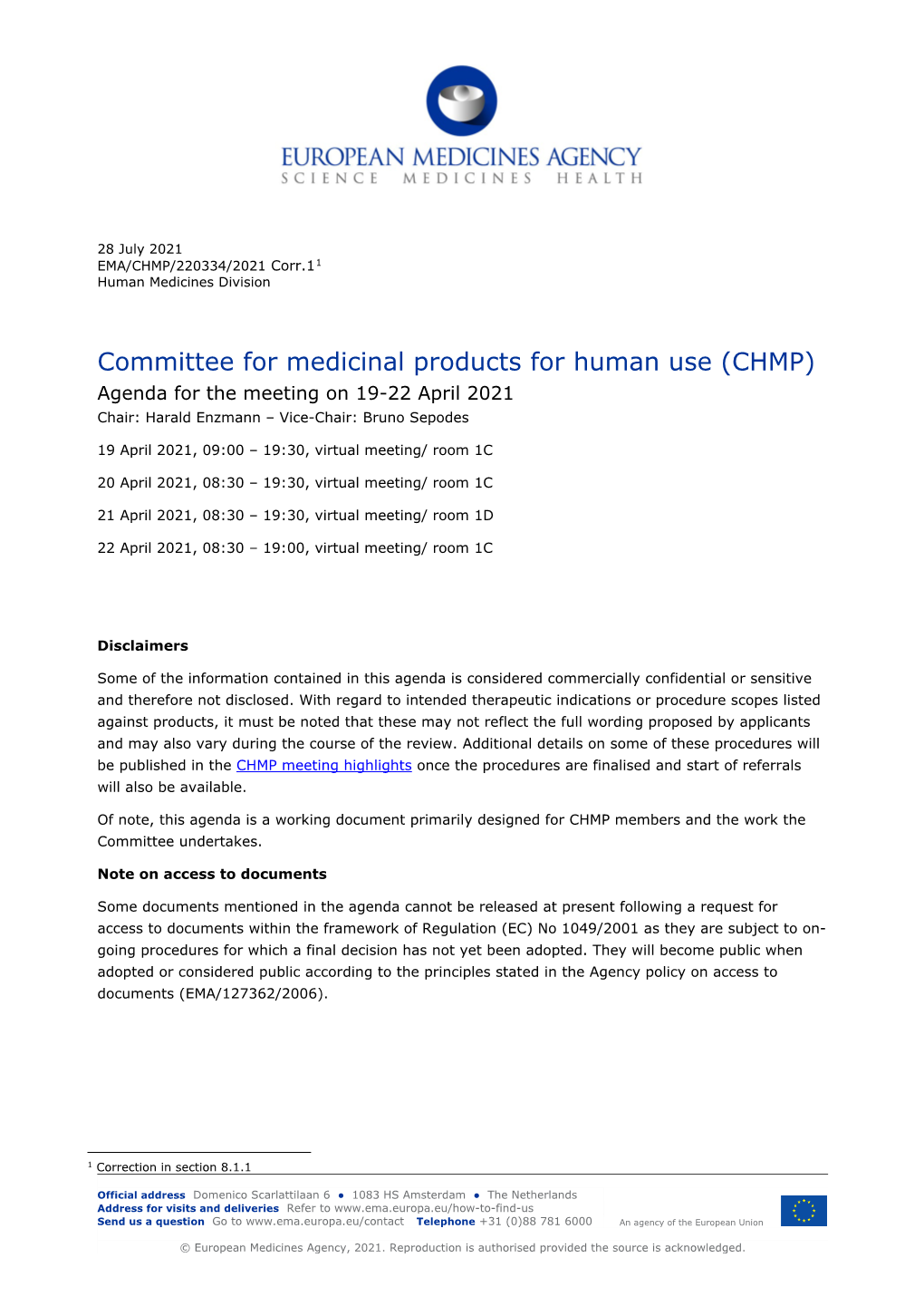 CHMP Agenda of the 19-22 April 2021 Meeting