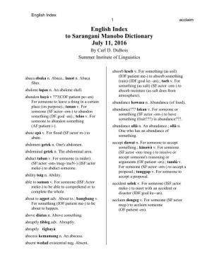 English Index to Sarangani Manobo Dictionary July 11, 2016 by Carl D