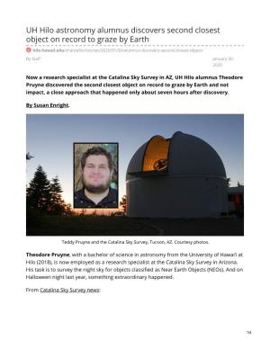 UH Hilo Astronomy Alumnus Discovers Second Closest Object on Record to Graze by Earth