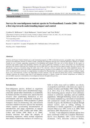 Surveys for Non-Indigenous Tunicate Species in Newfoundland, Canada (2006 – 2014): a First Step Towards Understanding Impact and Control