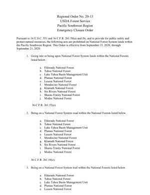 Regional Order No. 20-13 USDA Forest Service Pacific Southwest Region Emergency Closure Order