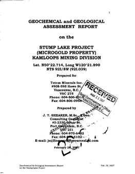 GEOCHEMCAL and GEOLOGICAL ASSESSMENT REPORT on the STUMP LAKE PROJECT