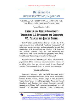 Briefing for Representative Jim Jordan