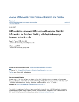 Differentiating Language Difference and Language Disorder: Information for Teachers Working with English Language Learners in the Schools
