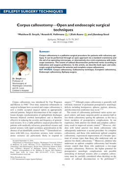 Corpus Callosotomy—Open and Endoscopic Surgical Techniques *Matthew D