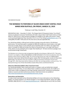 The Monkees to Perform at Silver Creek Event Center, Four Winds New Buffalo, on Friday, March 15, 2019