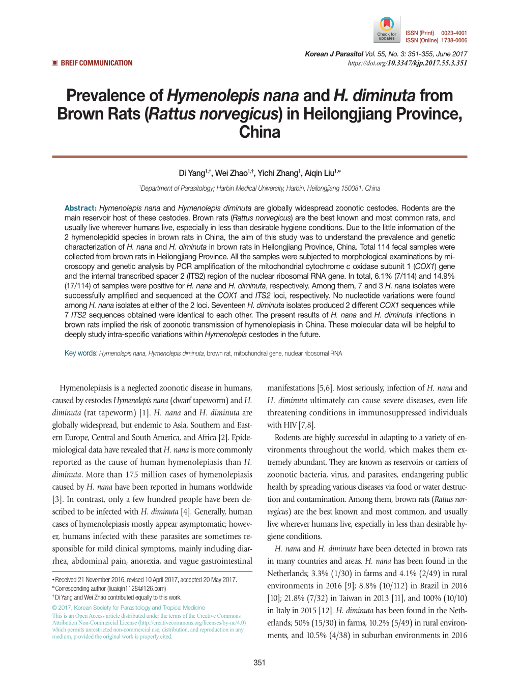 Prevalence of Hymenolepis Nana and H