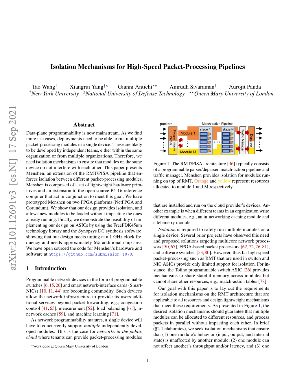 Isolation Mechanisms for High-Speed Packet-Processing Pipelines