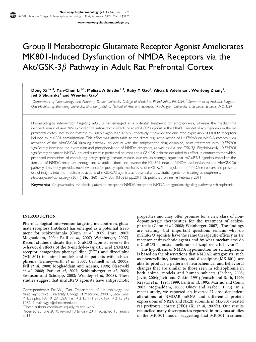 Group II Metabotropic Glutamate Receptor Agonist Ameliorates MK801-Induced Dysfunction of NMDA Receptors Via the Akt/GSK-3B Pathway in Adult Rat Prefrontal Cortex