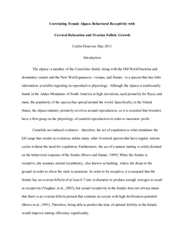 Correlating Female Alpaca Behavioral Receptivity with Cervical Relaxation and Ovarian Follicle Growth Caitlin Donovan May 2011