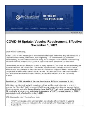 TCSPP's COVID-19 Update: Vaccine Requirement, Effective November 1