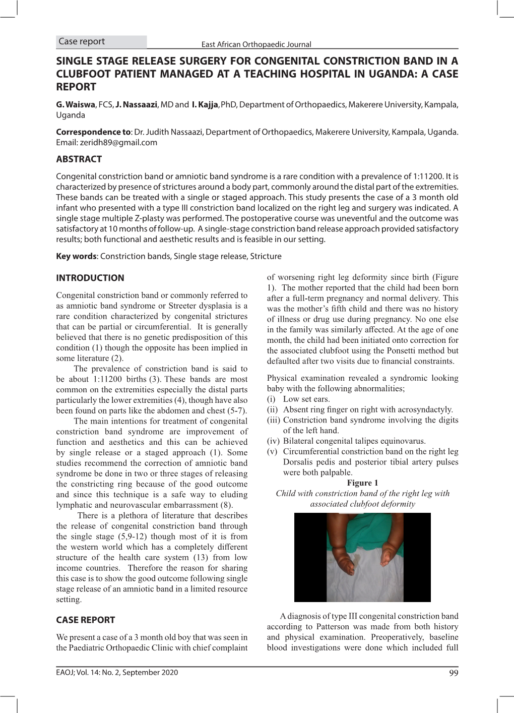 Single Stage Release Surgery for Congenital Constriction Band in a Clubfoot Patient Managed at a Teaching Hospital in Uganda: a Case Report G