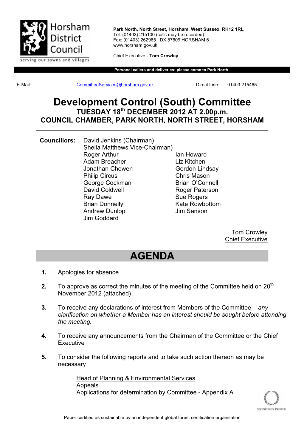 Development Control (South) Committee TUESDAY 18Th DECEMBER 2012 at 2.00P.M