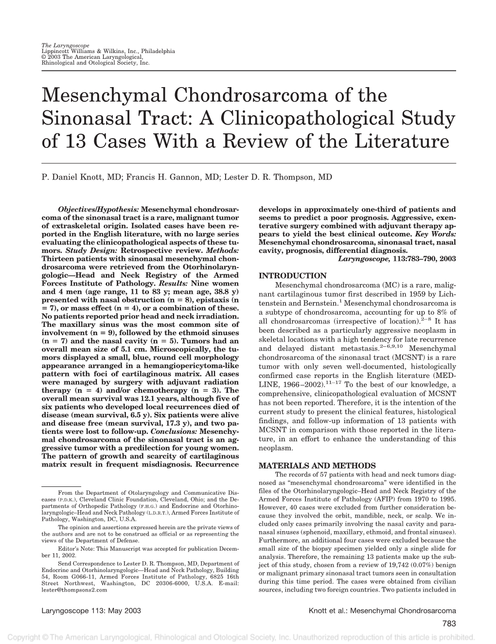 Mesenchymal Chondrosarcoma of the Sinonasal Tract: a Clinicopathological Study of 13 Cases with a Review of the Literature