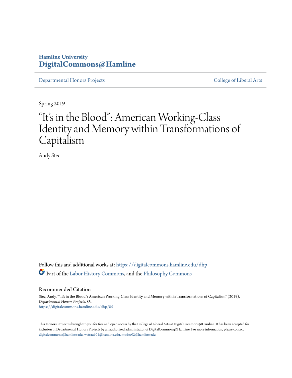 American Working-Class Identity and Memory Within Transformations of Capitalism Andy Stec