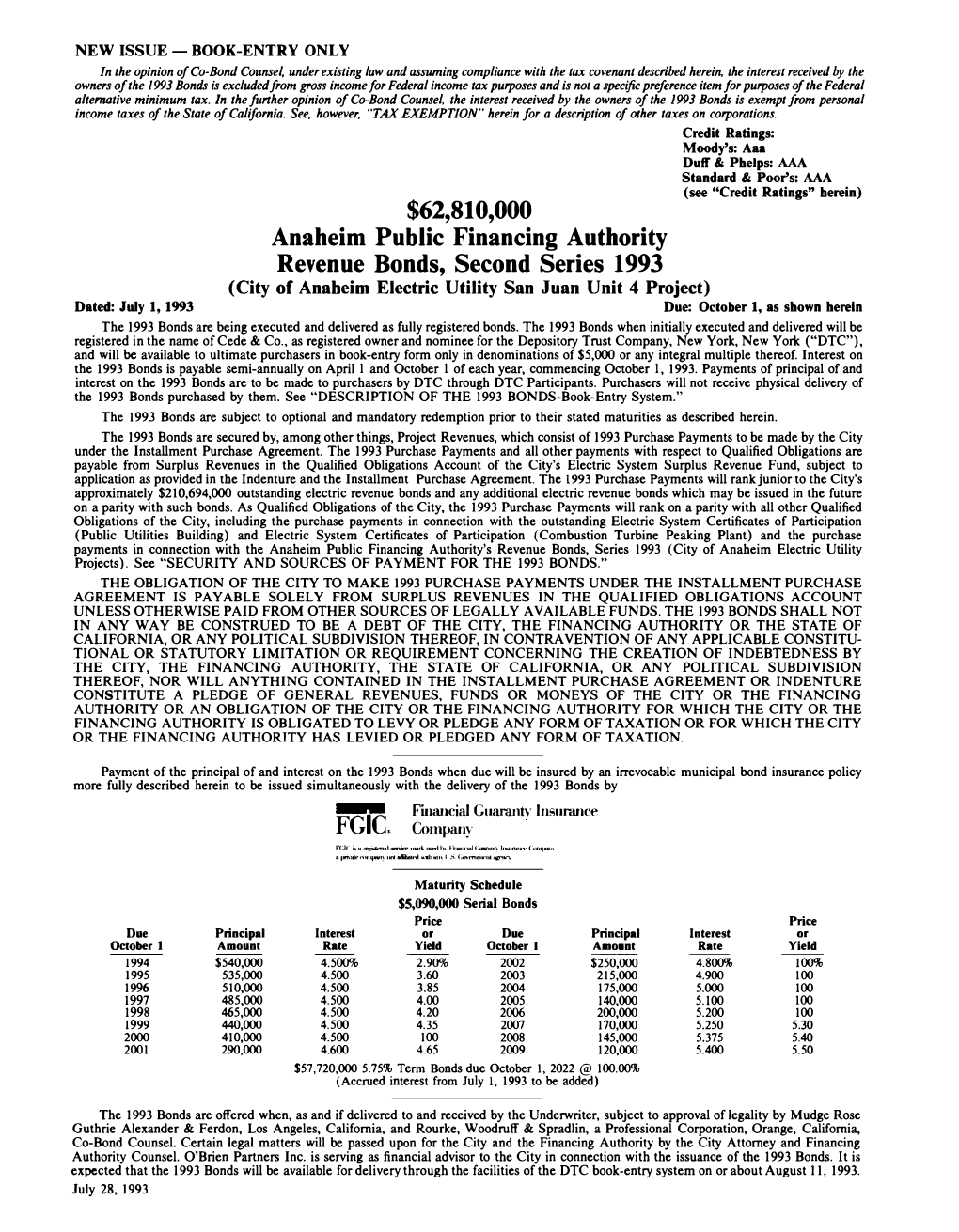 $62,810,000 Anaheim Public Financing Authority Revenue