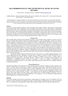 SELF-BORROWINGS in the INSTRUMENTAL MUSIC of IANNIS XENAKIS Benoît Gibson : University of Evora / CESEM1 (Portugal), Bg@Uevora.Pt