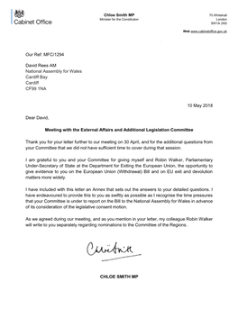 Correspondence from Chloe Smith MP, Minister For