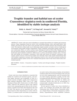 Trophic Transfer and Habitat Use of Oyster Crassostrea Virginica Reefs in Southwest Florida, Identified by Stable Isotope Analysis