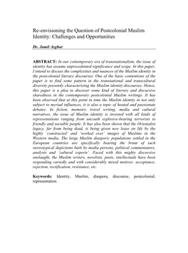 Re-Envisioning the Question of Postcolonial Muslim Identity: Challenges and Opportunities