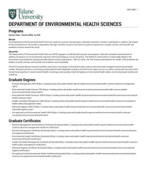DEPARTMENT of ENVIRONMENTAL HEALTH SCIENCES Programs Interim Chair: Charles Miller, III, Phd