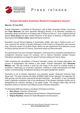 Russian Helicopters Streamlines Rostvertol Management Structure
