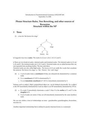 Phrase Structure Rules, Tree Rewriting, and Other Sources of Recursion Structure Within the NP