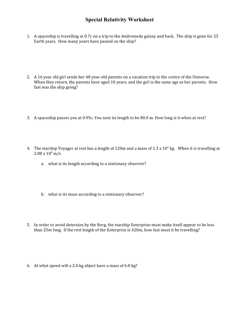 Special Relativity Worksheet #2 s1