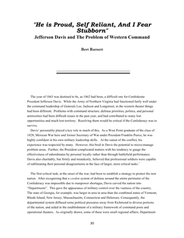 "He Is Proud, Self Reliant, and I Fear Stubborn" Jefferson Davis and the Problem of Western Command
