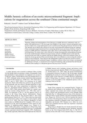 Middle Jurassic Collision of an Exotic Microcontinental Fragment: Impli- Cations for Magmatism Across the Southeast China Continental Margin