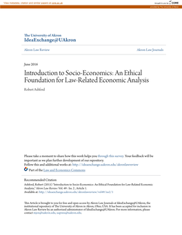 Introduction to Socio-Economics: an Ethical Foundation for Law-Related Economic Analysis Robert Ashford