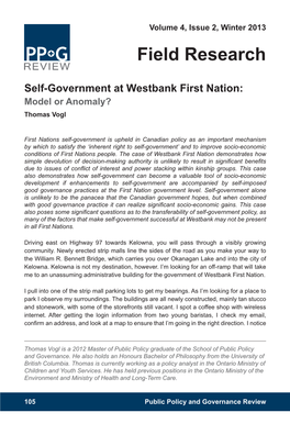 Self-Government at Westbank First Nation: Model Or Anomaly? Thomas Vogl