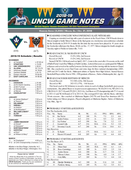 PROBABLE STARTERS & RESERVES HEAD COACH C.B. Mcgrath of UNCW SEAHAWKS CONCLUDE NON-CONFERENCE SLATE with BEARS H