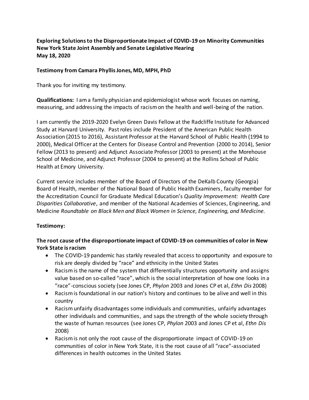 Exploring Solutions to the Disproportionate Impact of COVID-19 on Minority Communities New York State Joint Assembly and Senate Legislative Hearing May 18, 2020