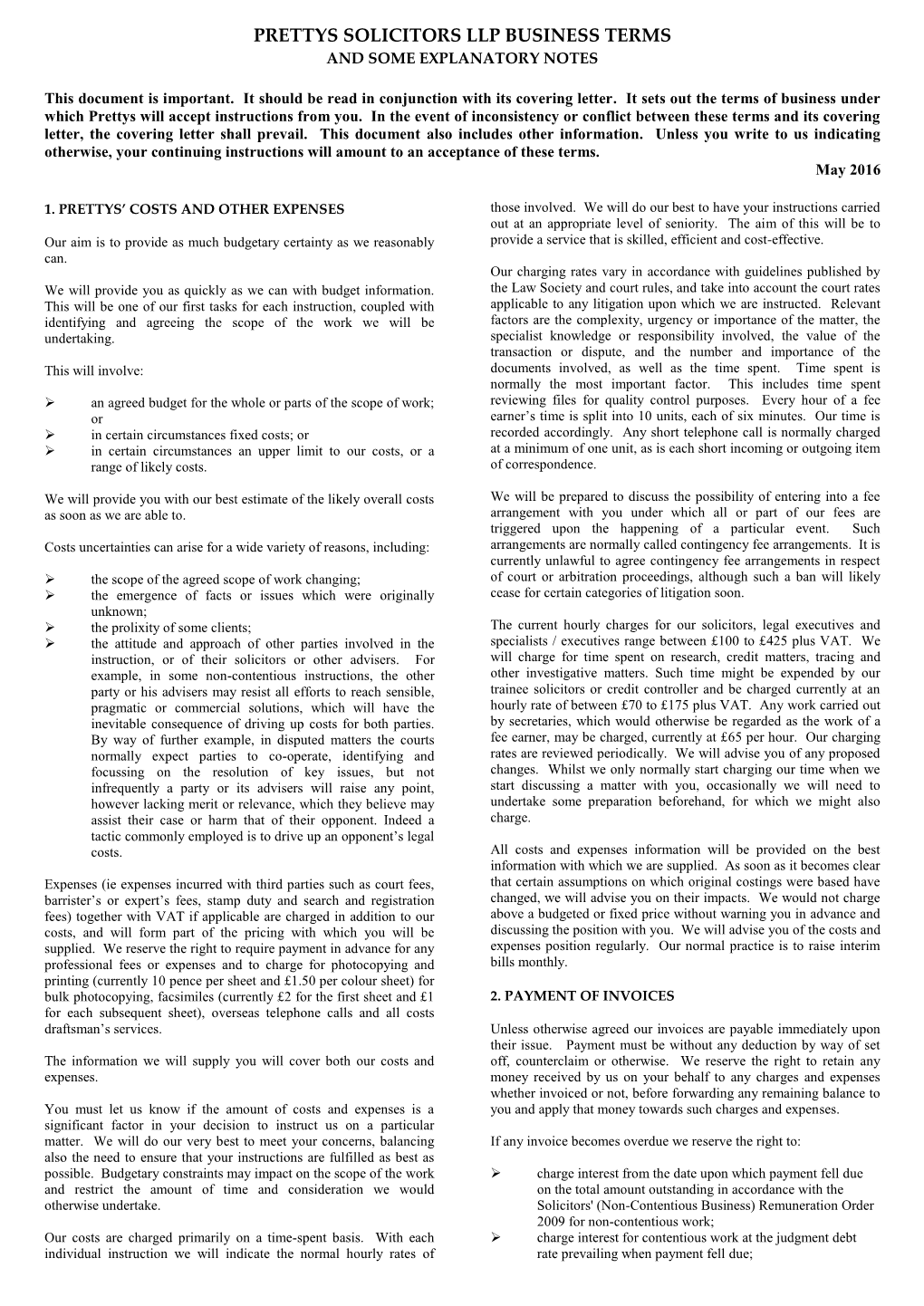 Prettys Solicitors Llp Business Terms and Some Explanatory Notes