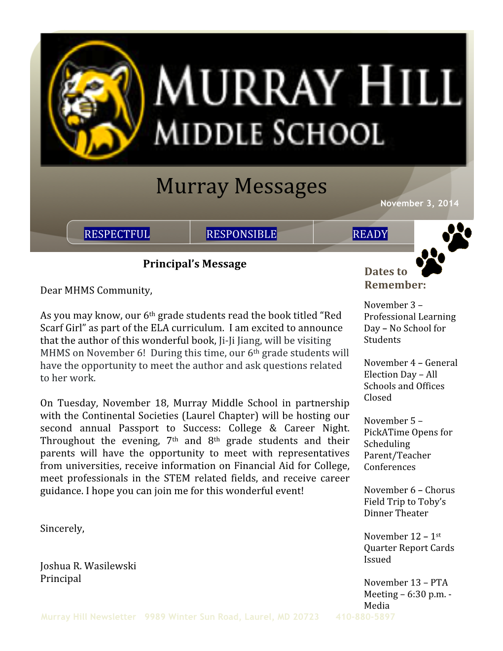 Murray Messages November 3, 2014
