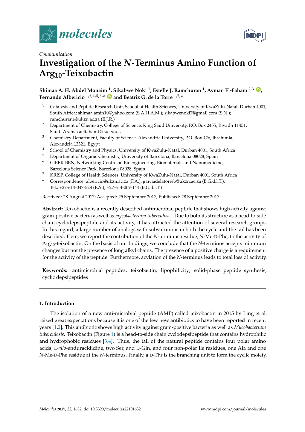 Investigation of the N-Terminus Amino Function of Arg10-Teixobactin