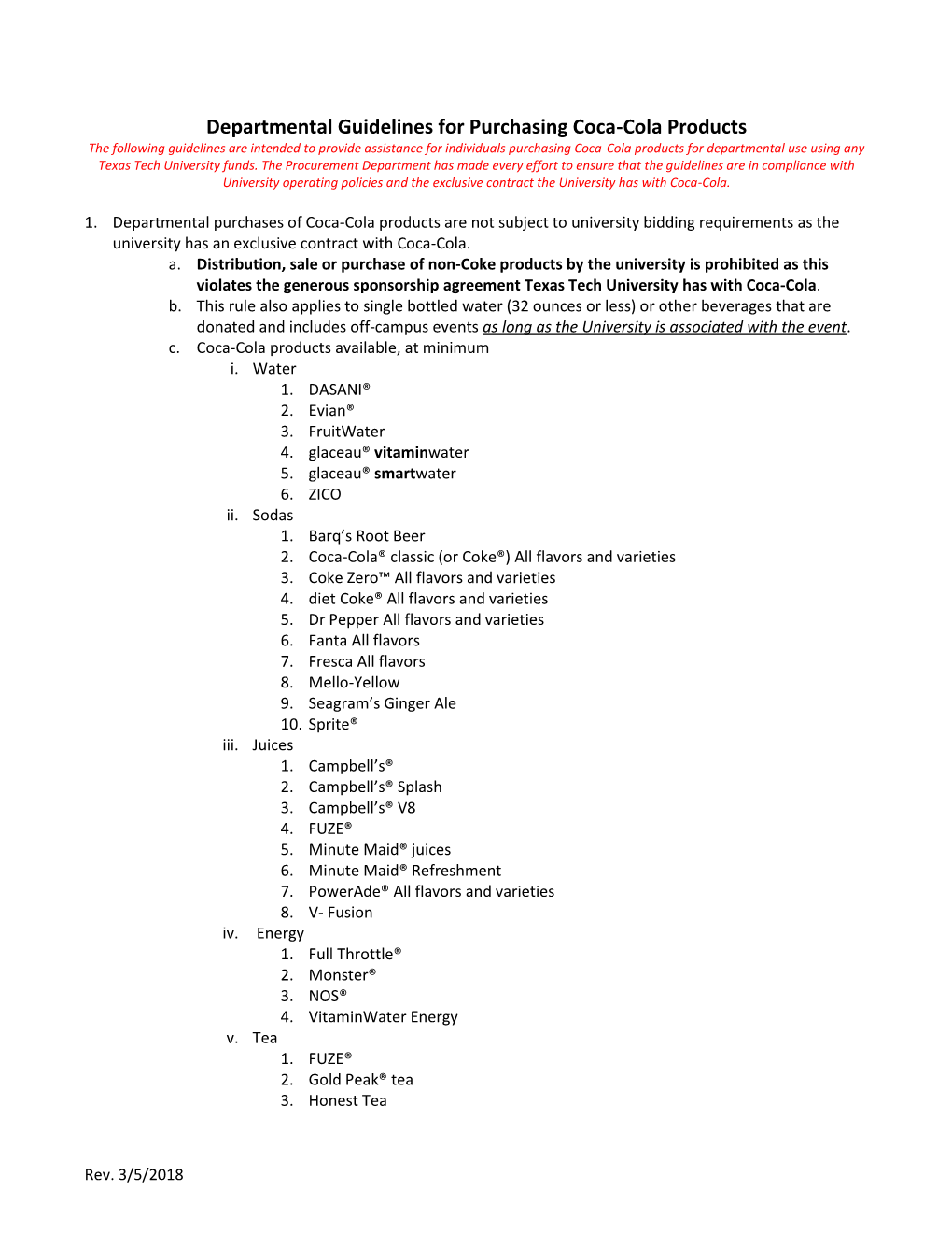 Departmental Guidelines for Purchasing Coca-Cola Products