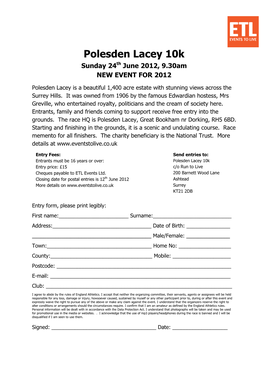 Polesden Lacey 10K Sunday 24Th June 2012, 9.30Am NEW EVENT for 2012