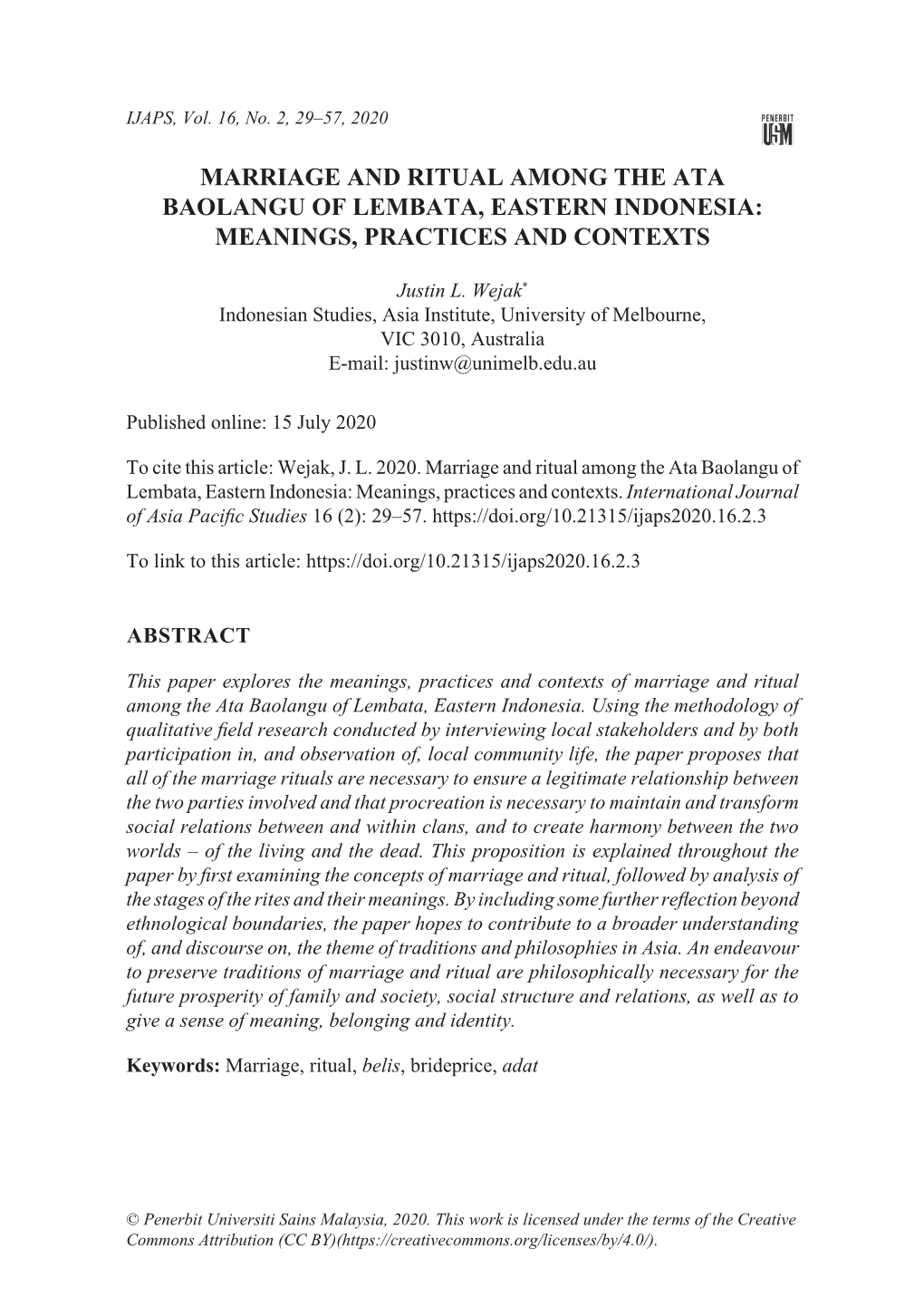 Marriage and Ritual Among the Ata Baolangu of Lembata, Eastern Indonesia: Meanings, Practices and Contexts